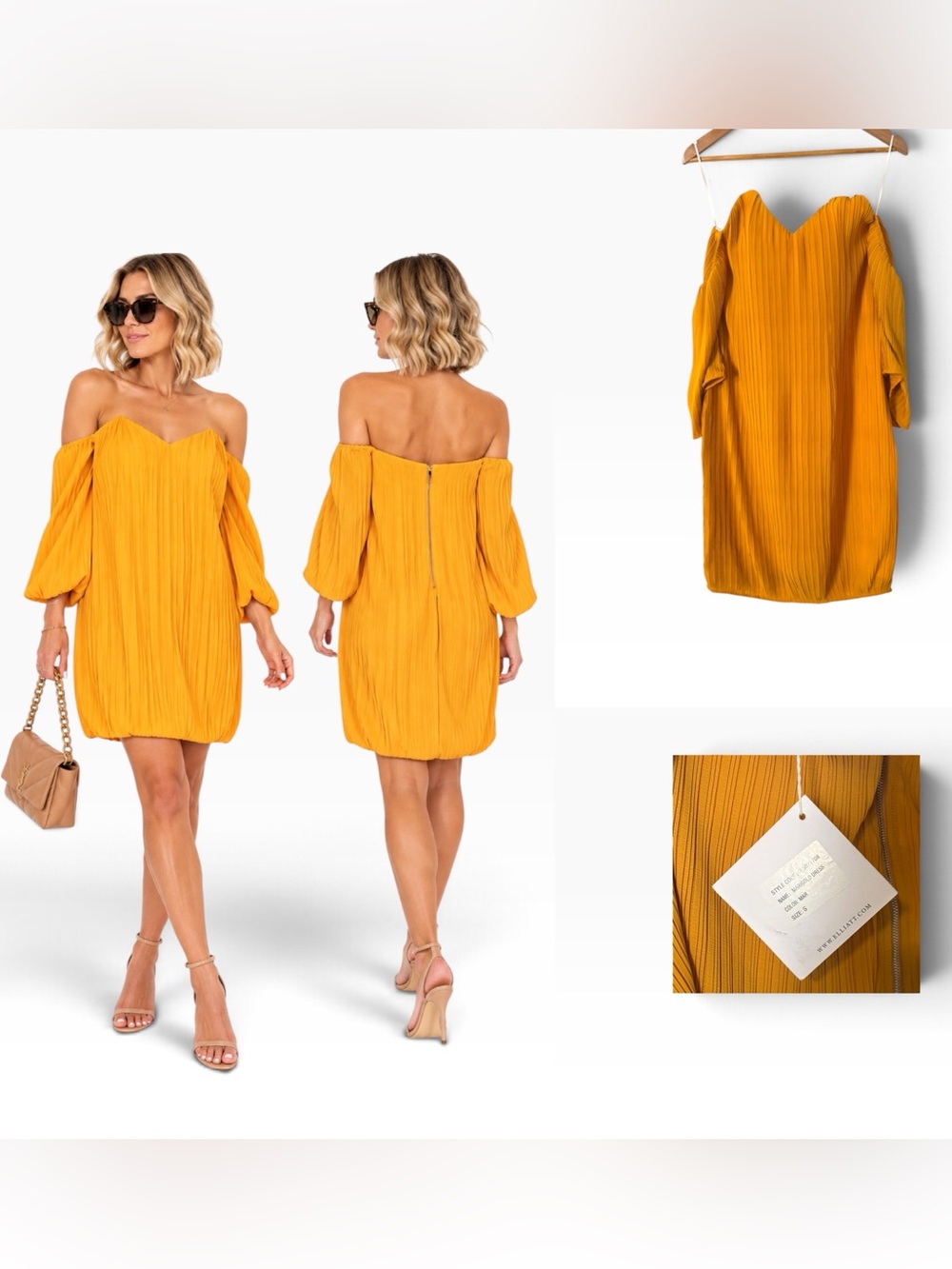 Elliatt Marigold Pleated Off the Shoulder Dress - Size Small